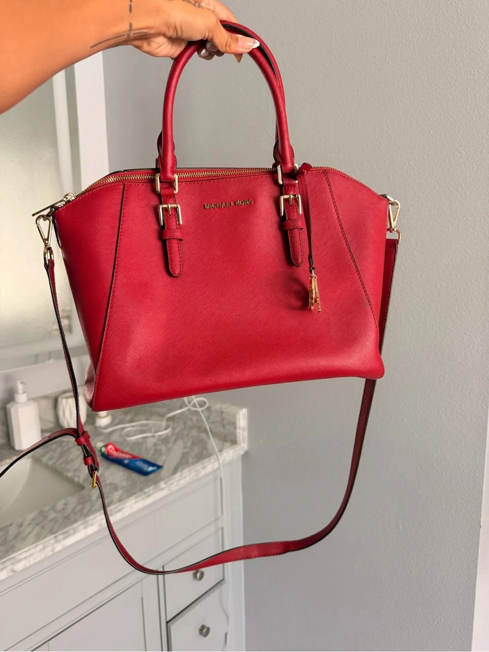 Michael Kors Red Saffiano Satchel with Crossbody Strap